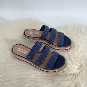 STEVEN  NEW YORK LACEY FLATFORM SANDALS DENIM 3 STRAPS PULL ON SIZE 9M